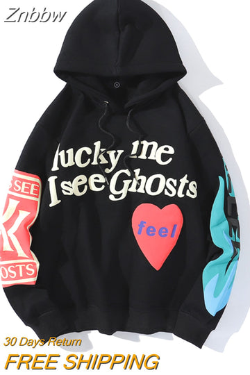 Znbbw Harajuku Weirdo Graffiti Letter Printed Hoodies Men Lucky Me I See Ghosts Mens Hooded Sweatshirt Fleece Pullover Streetwear